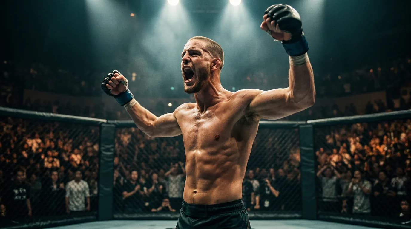 Cody Haddon roars with arms raised inside the cage after his UFC Macau win.